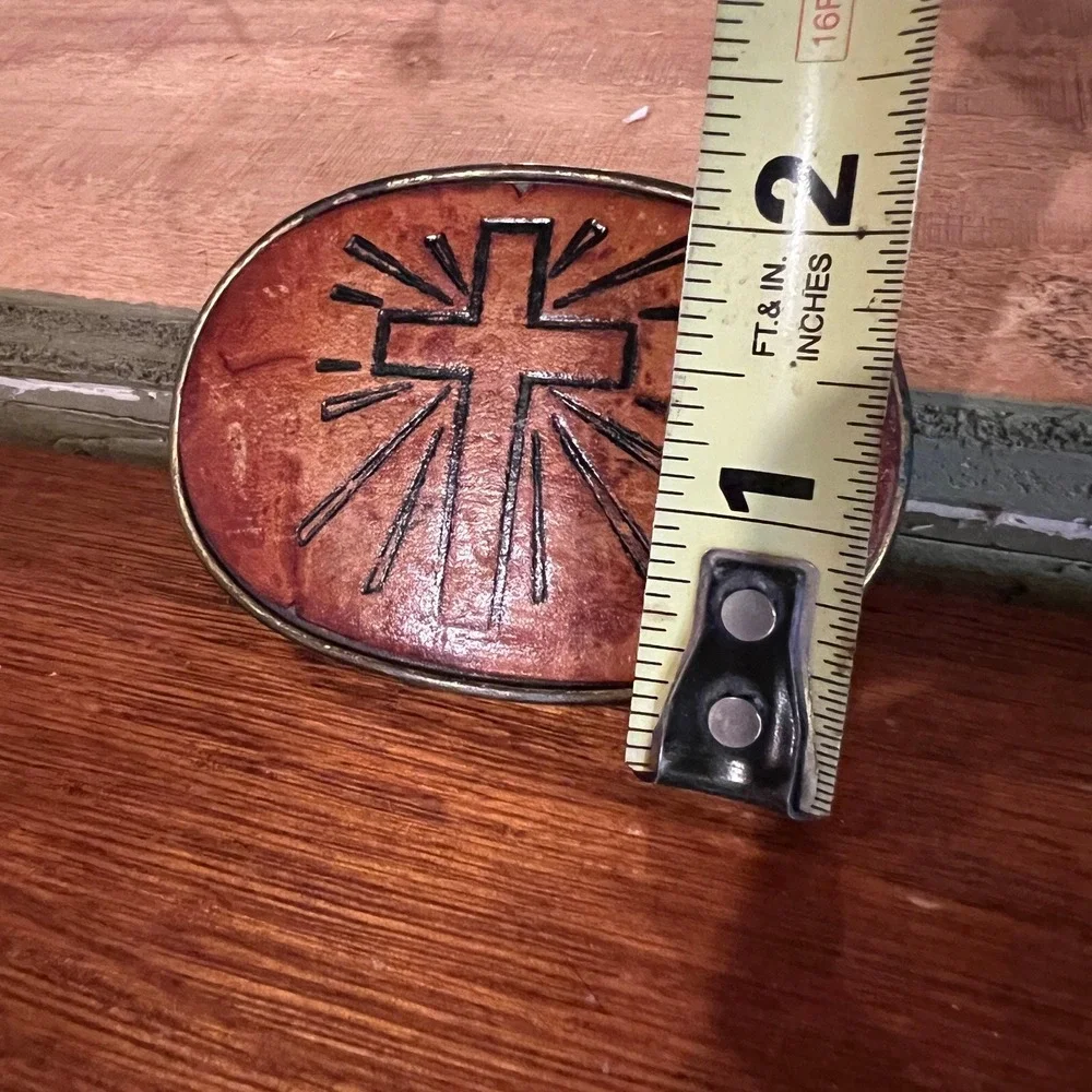 Vintage Southwestern Cross Belt Buckle Leather Inset Brass Tone Cowboy‎ Rustic